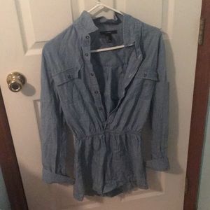 Denim, long sleeved romper.